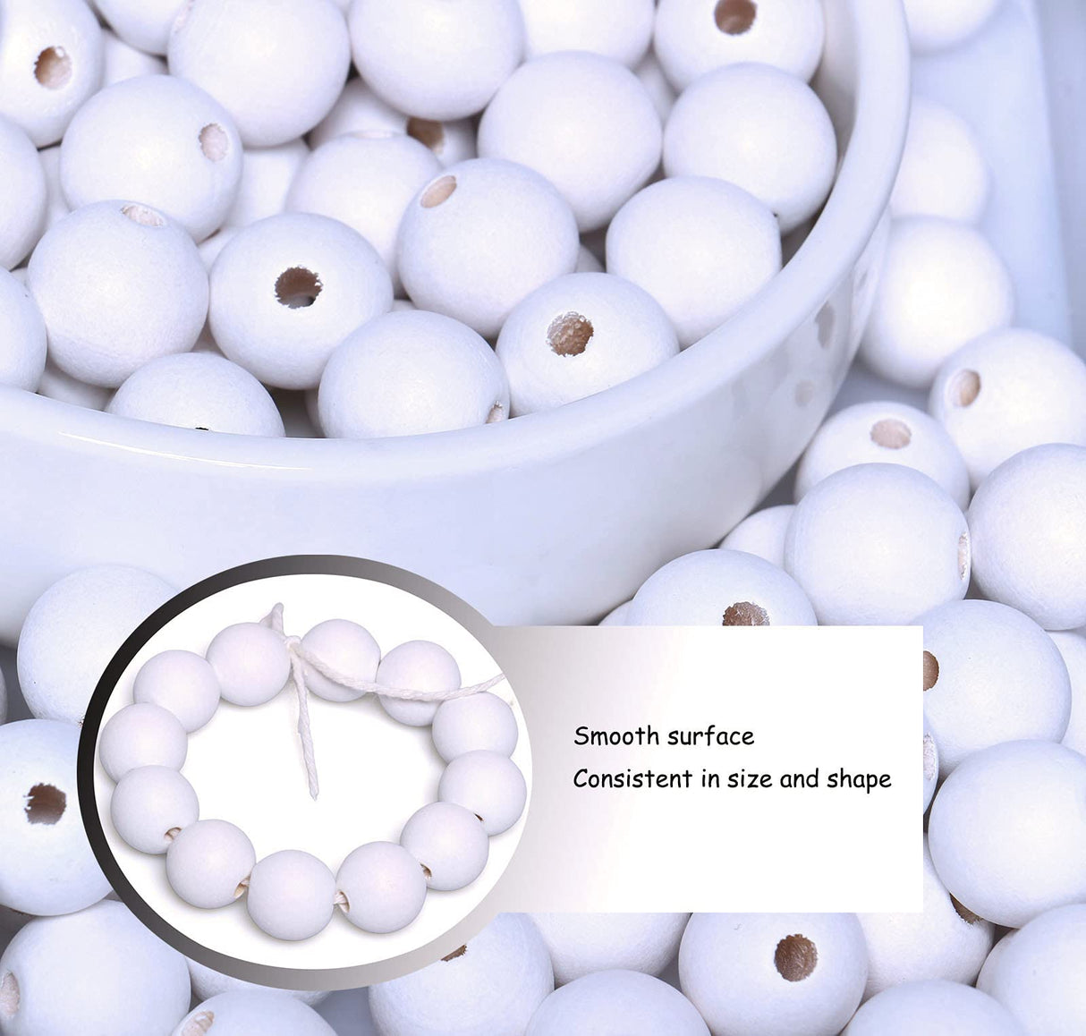 60 Pieces 18mm White Wood Beads for Handmade Crafts, Round Wooden Beads Bulk with 4mm Hole for for Farmhouse Garland,/ Craft Making woodeni