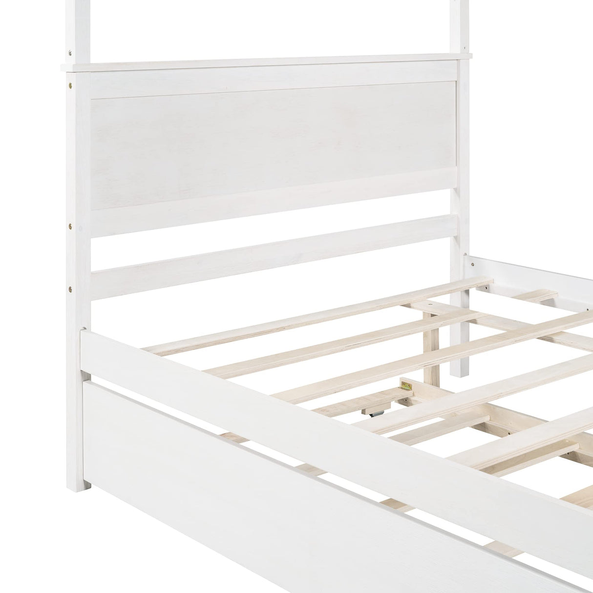 SOFTSEA Full Size Canopy Bed Frame with Trundle, Solid Wood Bed Frame with Headboard for Bedroom, No Box Spring Needed, White SOFTSEA