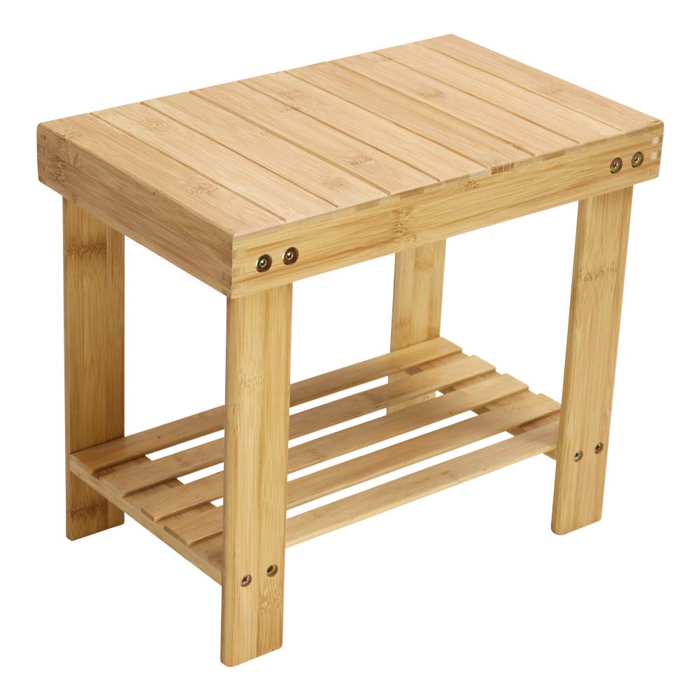 KKTONER Bamboo Step Stool with Storage Shower Bench with Shelf Foot Stool for Bathroom Living Room Bedroom Natural Color KKTONER