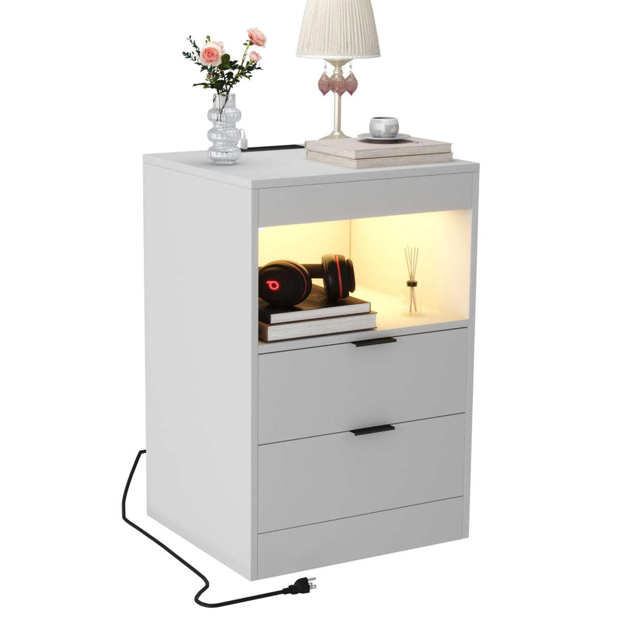 Gadroad LED Nightstand with Charging Station, Bedside Table with 3 Drawers and LED Lights, End Table Sofa Couch Side Table with Pull-Out Shelf, White Gadroad