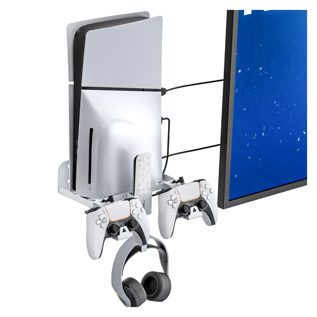HEATFUN PS5 Slim Wall Mount Kit, Metal PS5 Slim Wall Shelf with Controller and Headphone Holder with 2-in-1 Magnetic Charging Cable - White HEATFUN