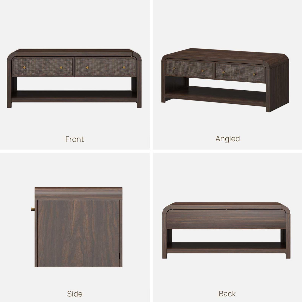 Oak&Sparrow 48'' Boho Coffee Table, Thickened Arc-Shaped Design with Rattan Drawer, Oak Table for Living Room