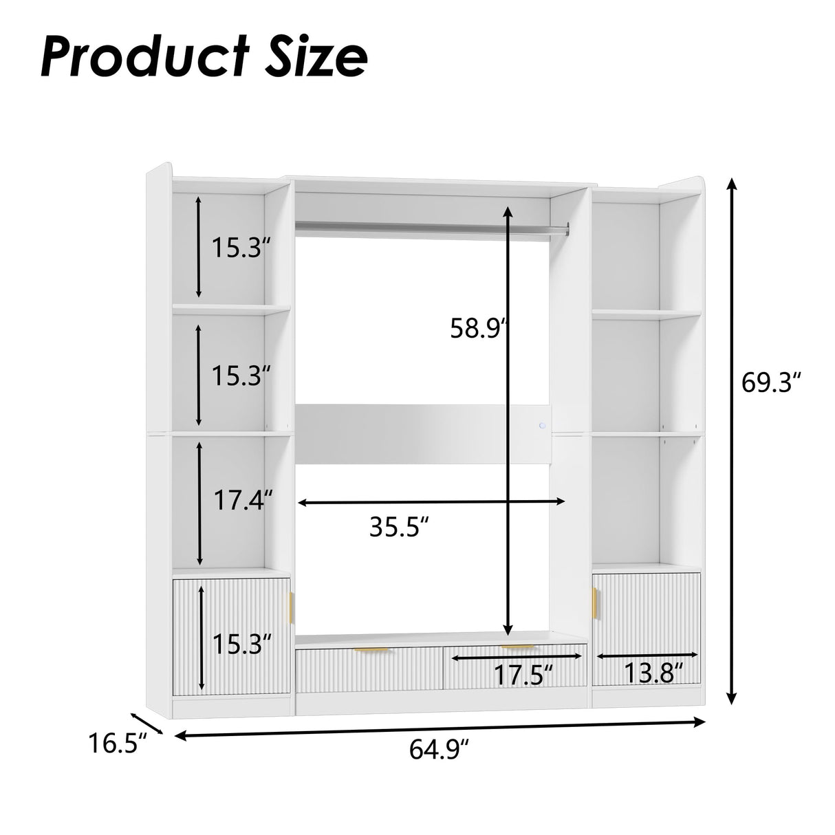PAKASEPT Wardrobe Closet, 64.9" Freestanding Armoire System with 6 Display Storage Cabinet & Hanging Rods & 2 Wood Drawers, Cloth Garment Rack with Multi Color Light, Walk-in Closet, White PAKASEPT