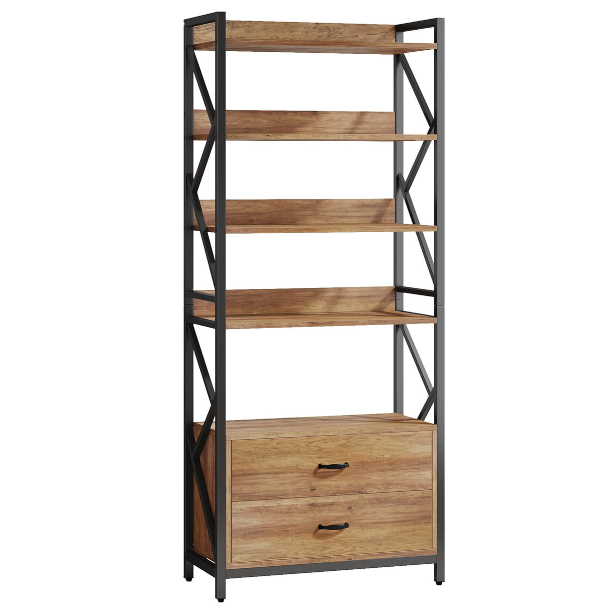 Tribesigns Rustic Brown 70.8" Industrial Bookshelf with 2 Drawers and 5 Open Shelves Tribesigns