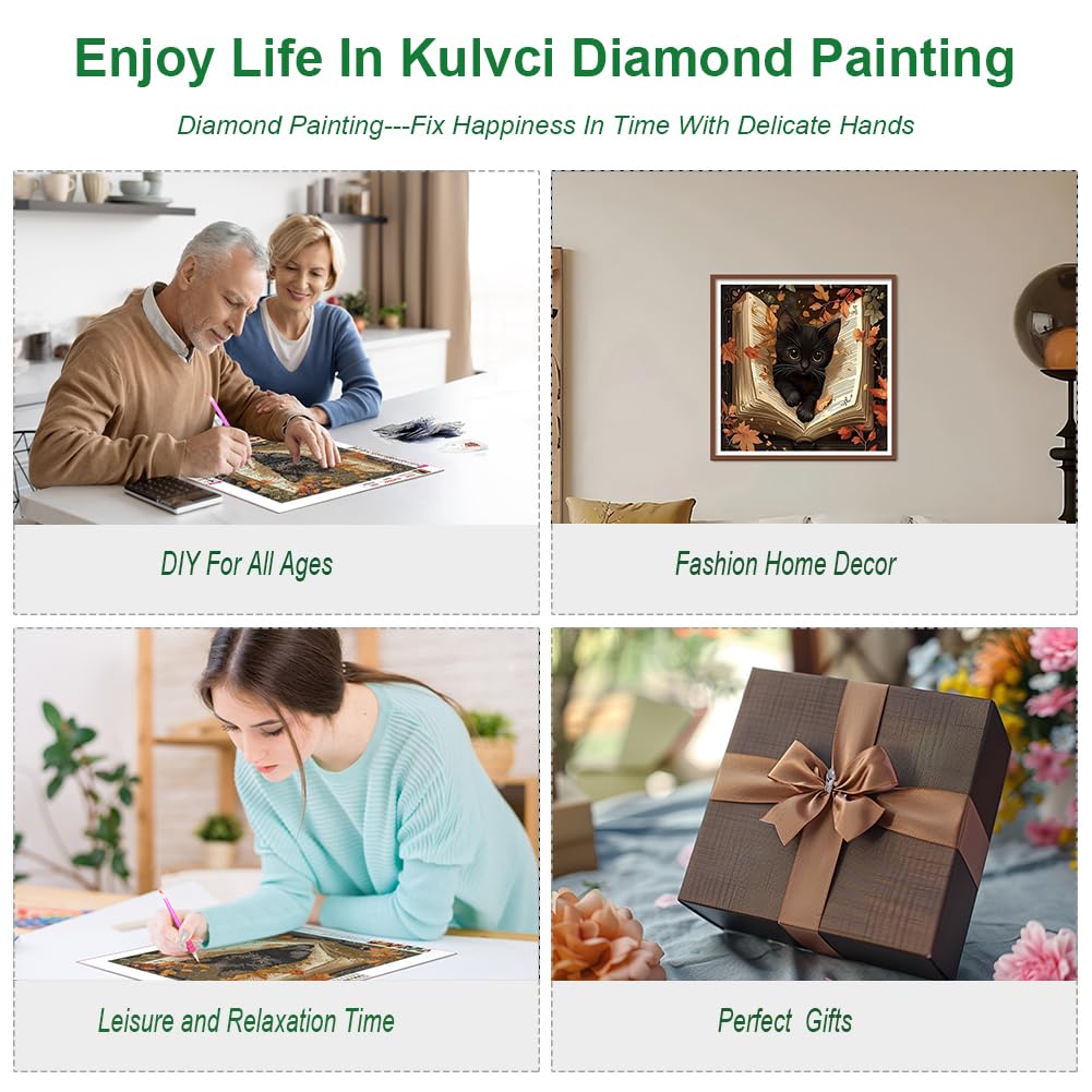 Kulvci Black Cat Diamond Painting Kits for Adults, Diamond Art Kits for Beginners, 5D DIY Full Drill Gem Craft for Home Decor Gift 12x12inch Kulvci