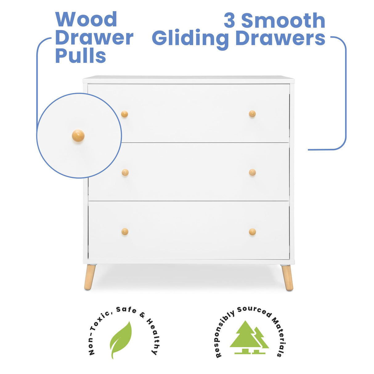 Delta Children Essex 3 Drawer Dresser with Interlocking Drawers, Bianca White/Natural Delta Children