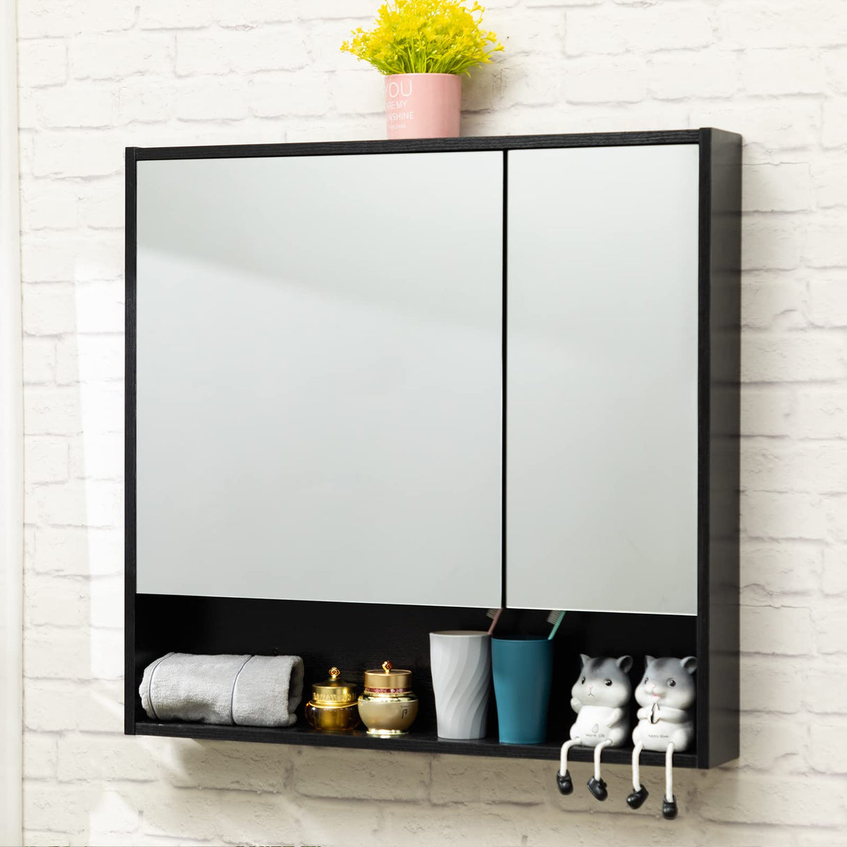 ALIMORDEN Medicine Cabinet with Mirror and Shelves, Oversized Bathroom Wall Storage Organizer Over The Vanity, Toilet, Recessed or Surface Mount, 30.4" L x 29.5" H, Black ALIMORDEN
