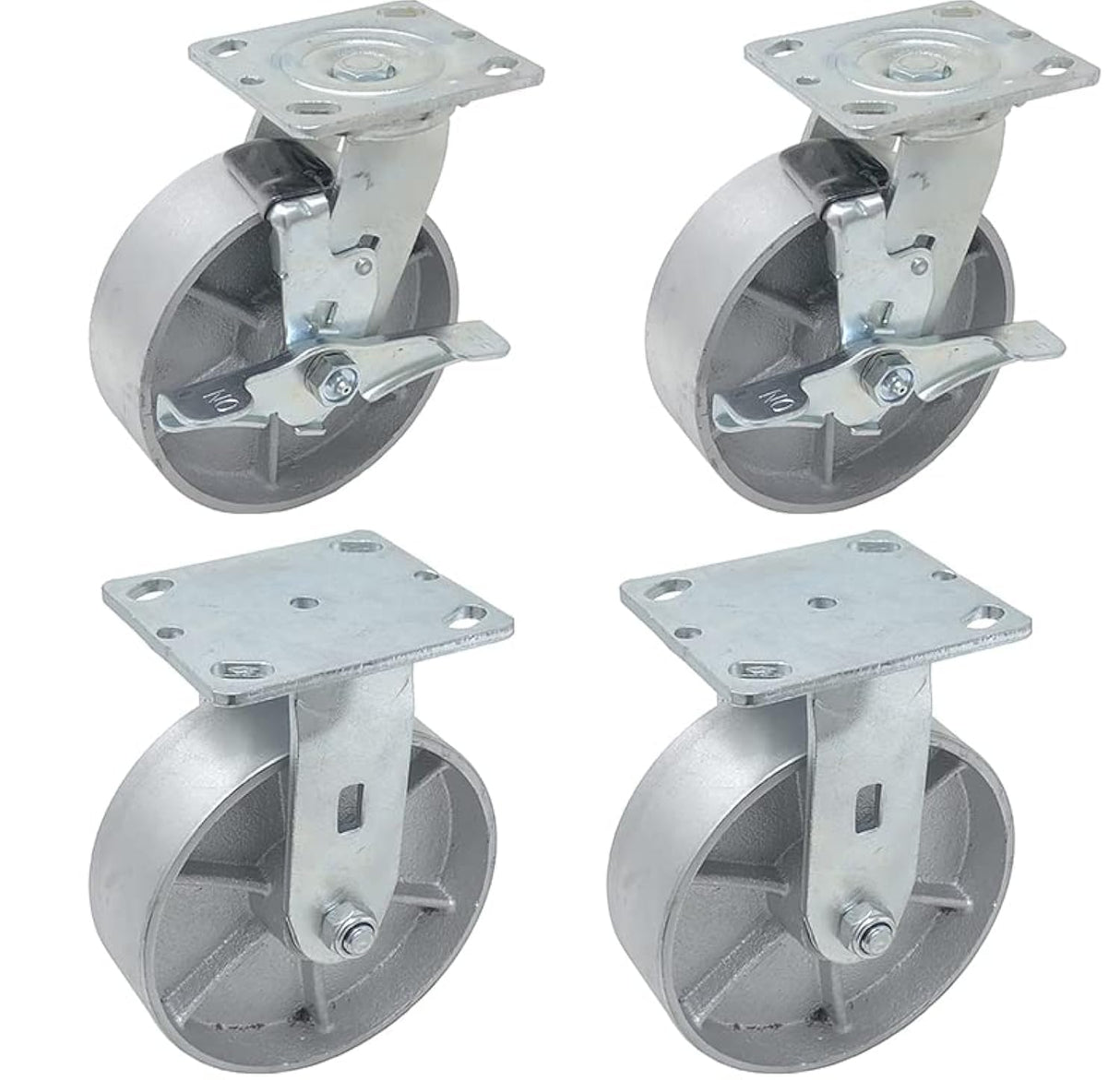 IconCasterWheels 6" x 2" Steel Heavy Duty Caster, Set of 4 Industrial Casters | 2 Swivel Top Lock Brake Caster & 2 Rigid Top Plate Caster | Top Plate 4 x 4.5, Load Capacity 4,800 lbs per Set (4-Pack) ICONCASTERWHEELS
