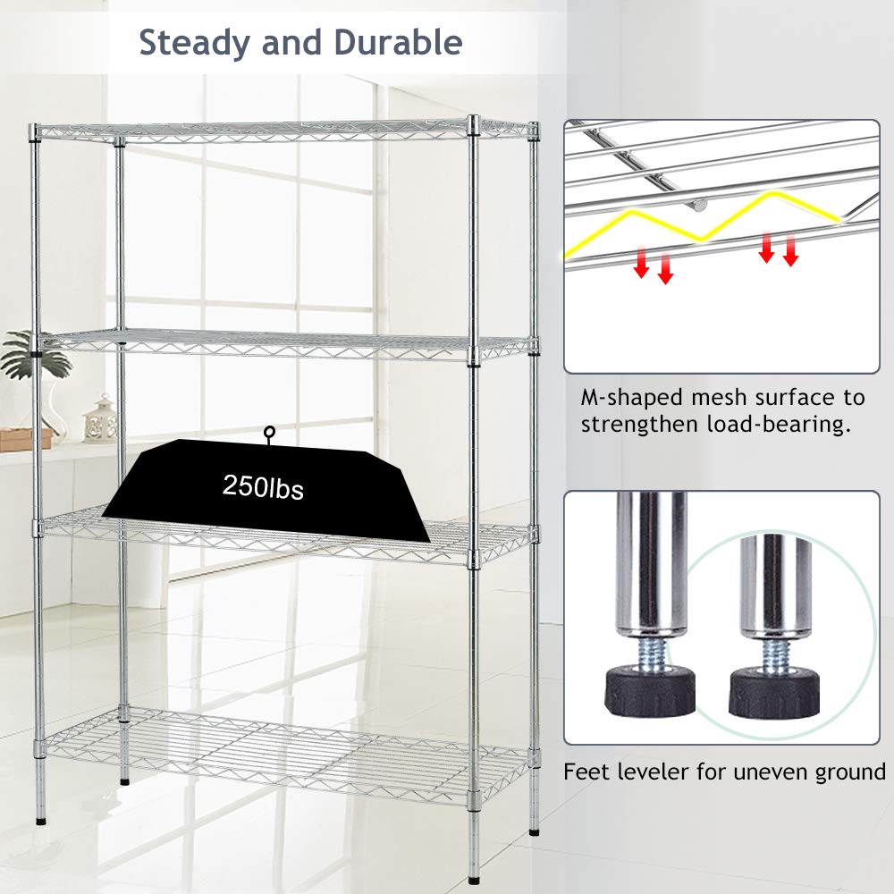 4-Shelf Adjustable Heavy Duty Metal Storage Shelving, 250 Capacity Per Shelf, 36" X 14" X 54" Wire Shelving Unit Racks for Garage Closet, Chrome Dkeli