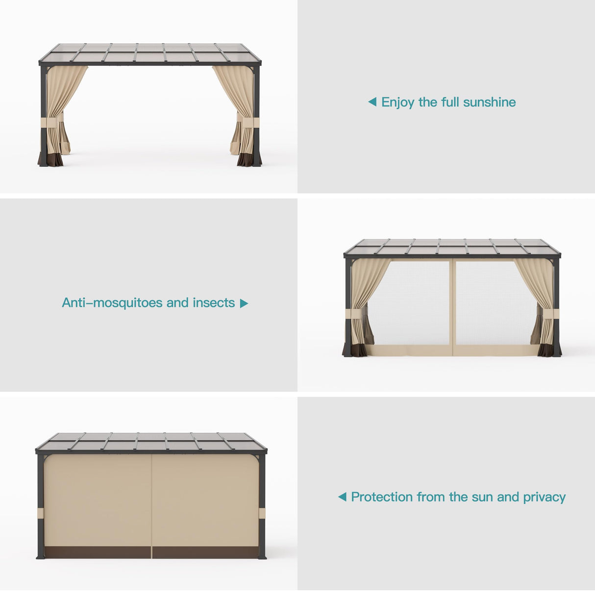 Halmuz 10x14ft Large Lean to Gazebo with Curtains & Netting,Wall Mounted Gazebo with Hard Top & Double Curtains,Metal Frame Garden Tent Suitable for Patio,Yards, Deck,Lawn, Garden,Grass-sand Halmuz