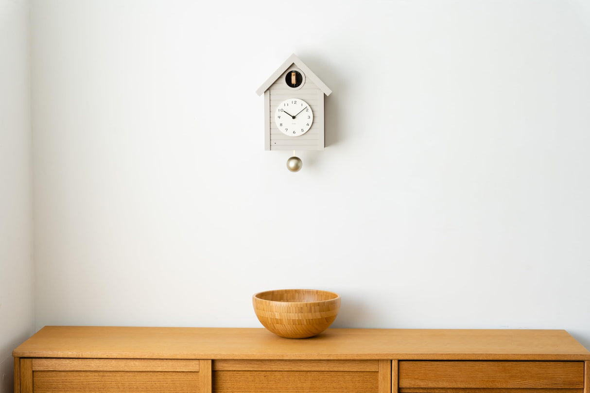 Cuckoo Clock Japanese Handcrafted Solid Wood Pendulum Wall Clock Silent Non-Ticking Hourly Chime Function Battery Operated Modern Decorative for Living Room Bedroom Kids Cuckoo CLOCK CH-059 (GRAY) INTERZERO