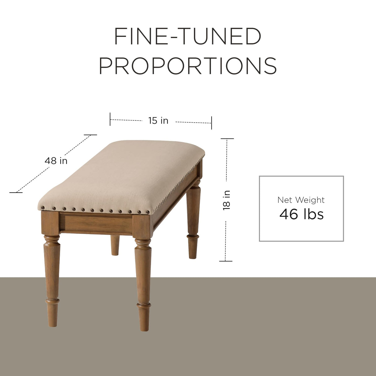 Maven Lane Elizabeth Traditional Wooden Upholstered Bench, Padded Seat for Kitchen Dining Room Table or Entryway in Antiqued Natural Finish Maven Lane