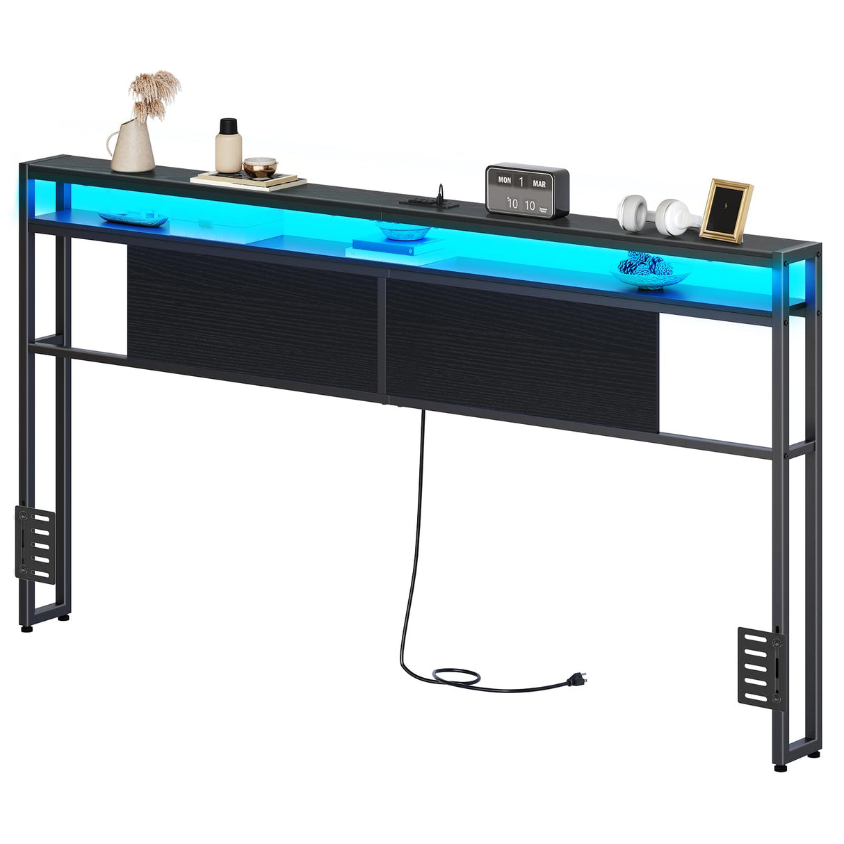 YATINEY King Size Headboard, Headboard with Light and Outlets, Headboard with 2 Storage Shelves, Storage Rack, Adjustable Height, Sturdy and Stable, Easy Assembly, Black YATINEY