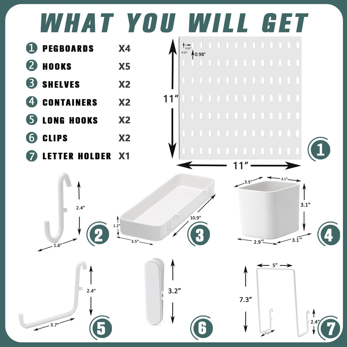MULSAME Pegboard Combination Kit, Wall Mounted Storage Set with 4 Pegboards & 14 Accessories Hanging, White Peg Boards Organizer for Walls Display, Crafts Organization, Kitchen Organizer, 22" x 22" MULSAME