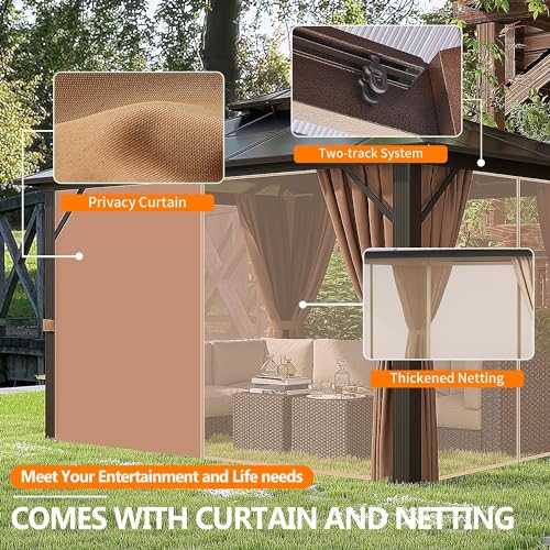 Jolydale 10'x12' Hardtop Gazebo,Outdoor Polycarbonate Gazebo, Double Roof Gazebo, Aluminum Frame Permanent Pavilion with Netting and Curtains, for Patios, Gardens, Backyard Jolydale