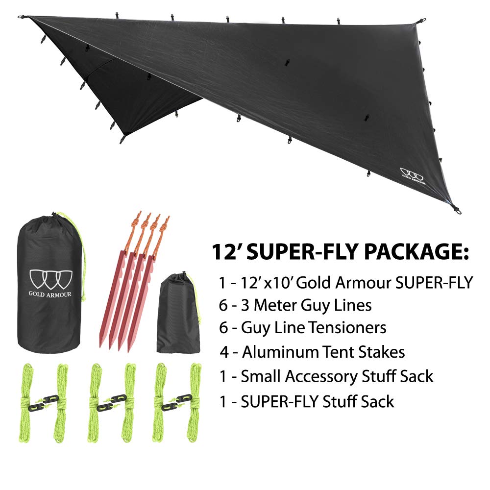 Gold Armour Rainfly Tarp Hammock, Premium 14.7ft/12ft/10ft/8ft Rain Fly Cover, Waterproof Ultralight Camping Shelter Canopy, Survival Equipment Gear Camping Tent Accessories (Black 12ft x 10ft) Gold Armour