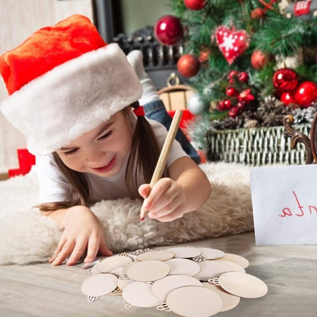 William Craft 100PCS 4" x 4.7" Inch DIY Wooden Christmas Ornaments Unfinished Predrilled Wood Slices Circles for Crafts Round Centerpieces Discs Holiday Hanging Decorations William Craft