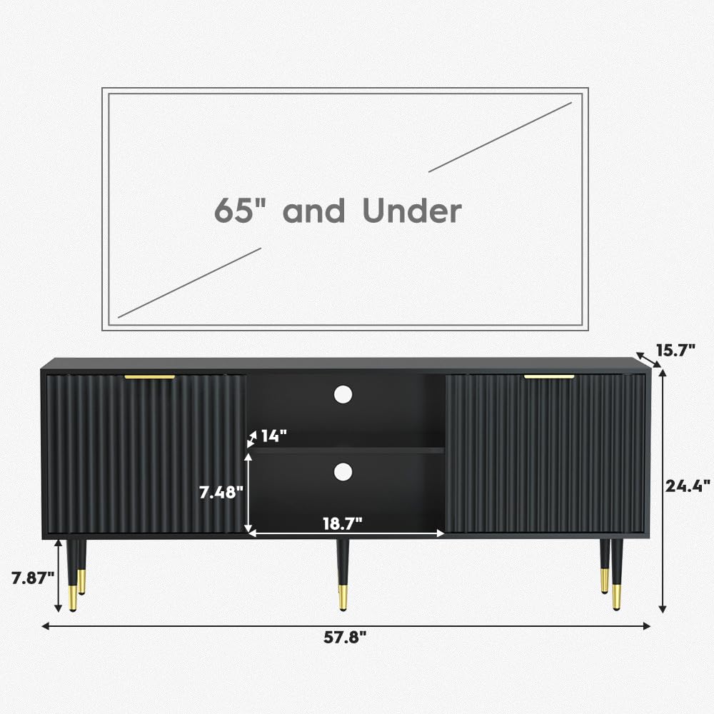 TV Stand for 65 Inch TV, Black TV Stand Entertainment Center with Storage, Fluted Waveform Doors TV Console Table with Sliding Doors & Adjustable Shelves, TV Stand for Living Room Bedroom, Black SYESWAY