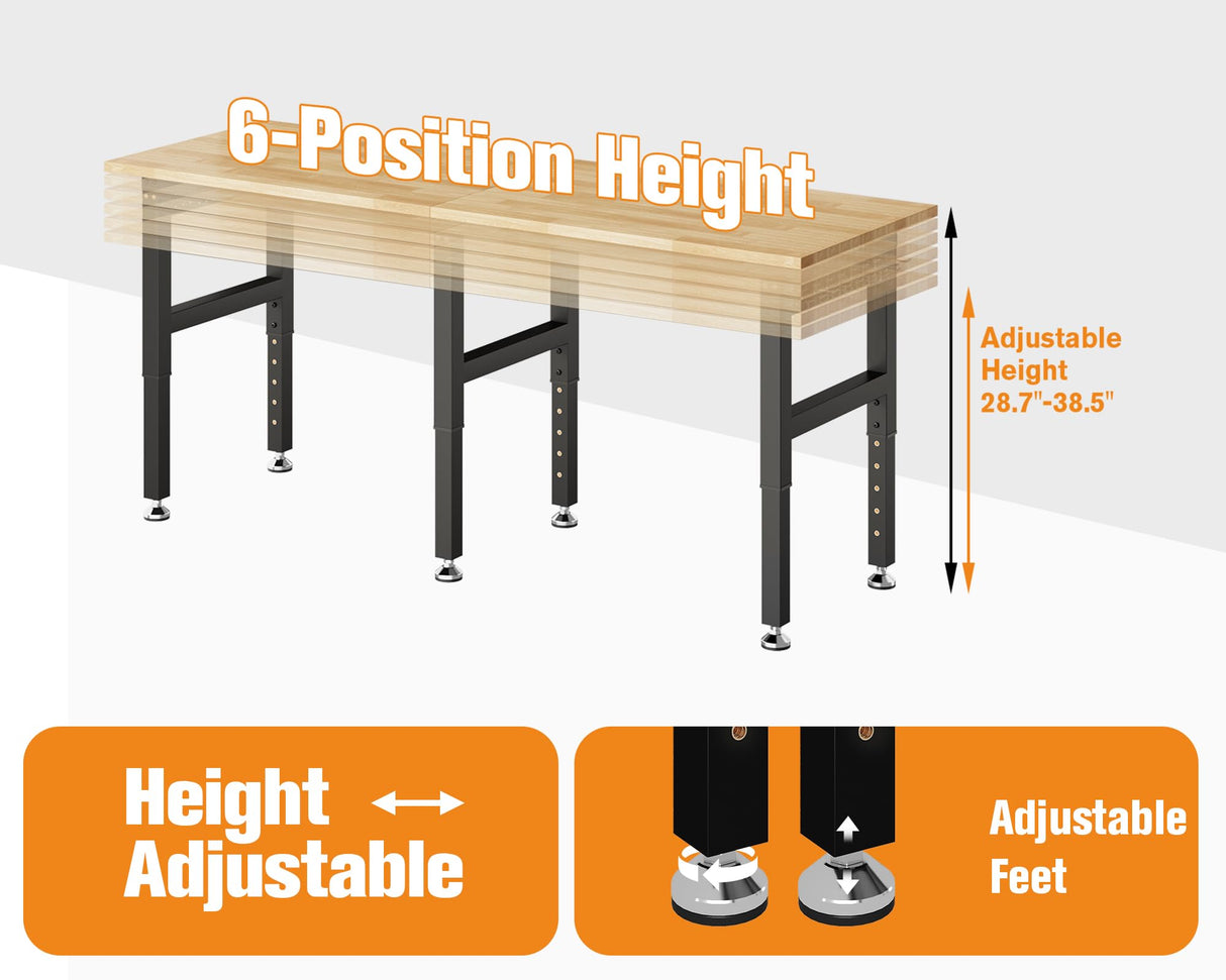 SPECRAFT 72“ Adjustable Heavy Duty Workbench with 4 AC Outlet and 2 USB Ports Power Outlets, 5000 Lbs Capacity, Rubber Wood Top for Garage, Workshop, Office SPECRAFT