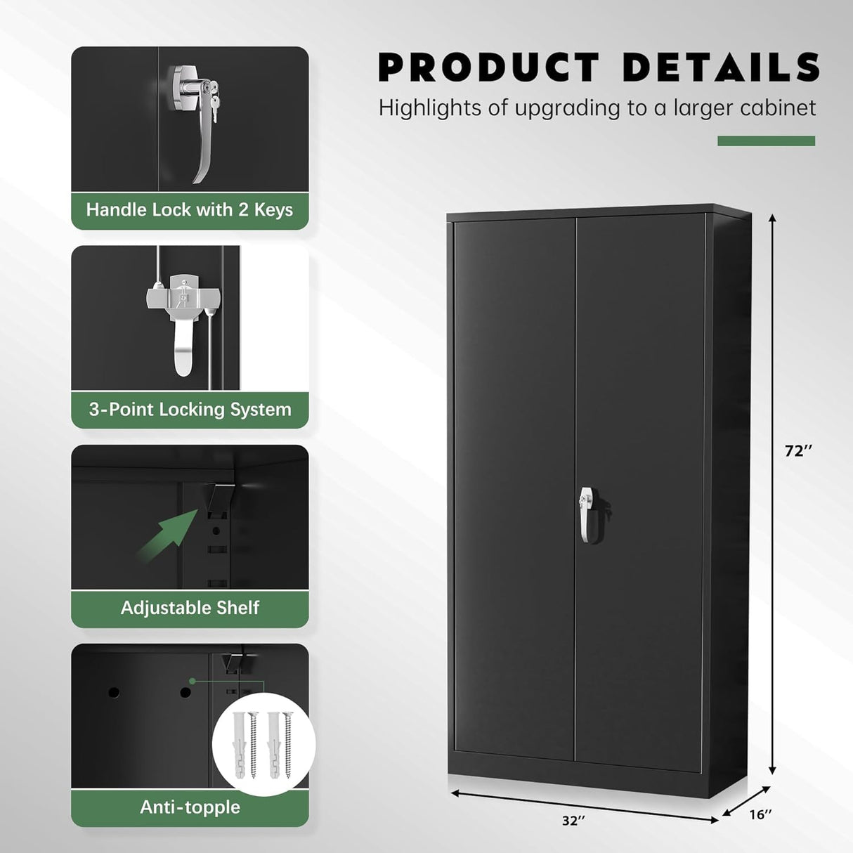 Greenvelly Metal Storage Cabinet with Lock,71" Steel Garage Storage Cabinet with 2 Doors and 4 Adjustable Shelves,Lockable File Cabinet, Metal Tool Cabinets for Office,Home,Garage,Gym,School (Black) Greenvelly