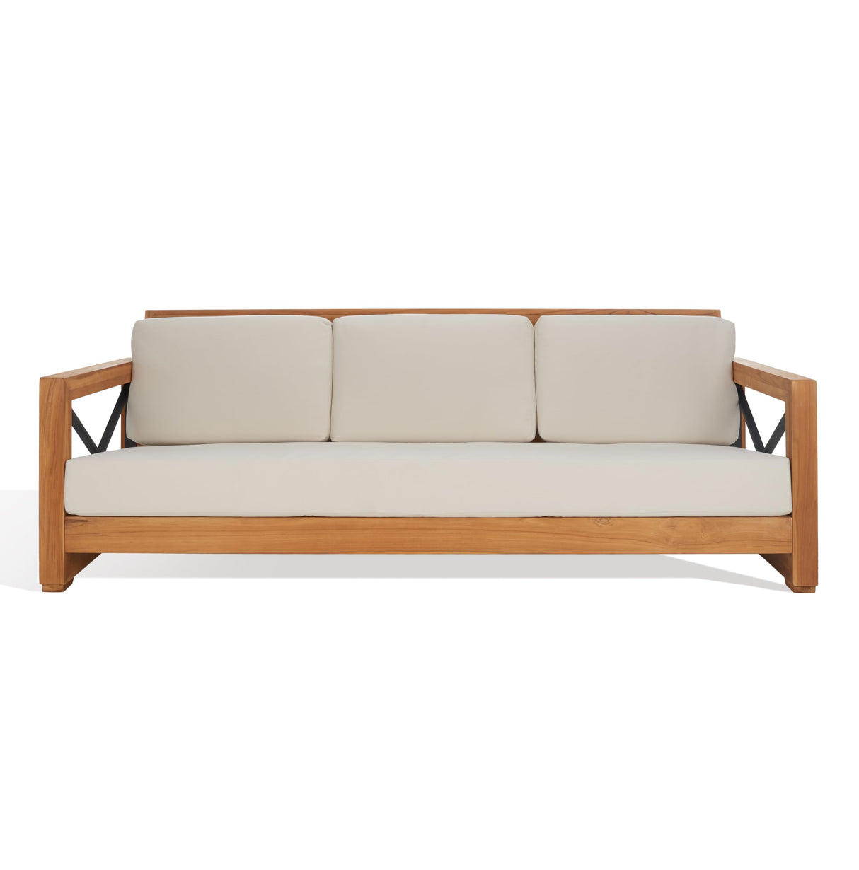 SAFAVIEH CPT1010A Couture Curacao Brazilian Teak Outdoor 3-Seat Patio Sofa, Natural/White SAFAVIEH