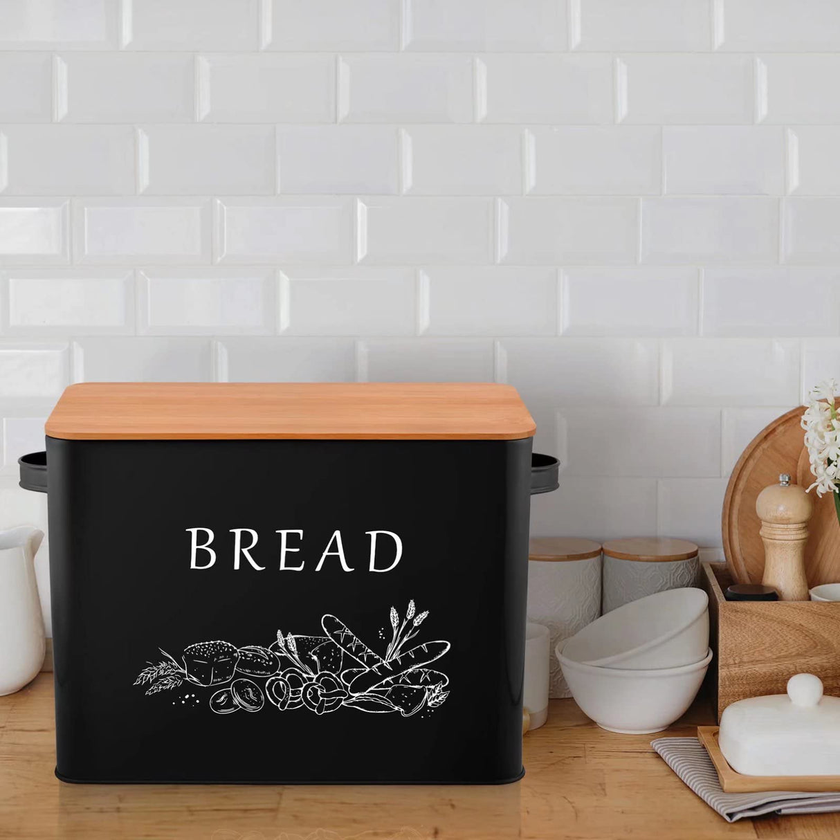 TeamFar Bread Box with Wooden Lid, 13.1” x 7.2” x 9.7” Metal Bread Container Storage Holder for Family Farmhouse Kitchen Countertop, Powder-Coated & Healthy, Large Capacity & Classic Pattern (Black) TeamFar