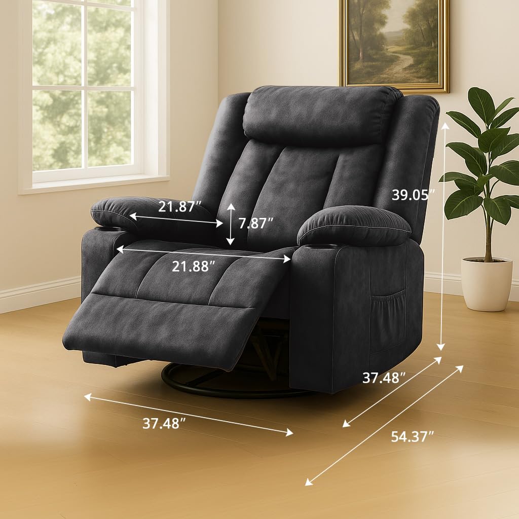 COMHOMA Recliner Chair,360°Swivel Rocker Recliners with Cup Holders&Side Pockets,Manual Reclining Single Sofa,Fabric Upholstered Lounge Chairs for Living Room,Gray COMHOMA