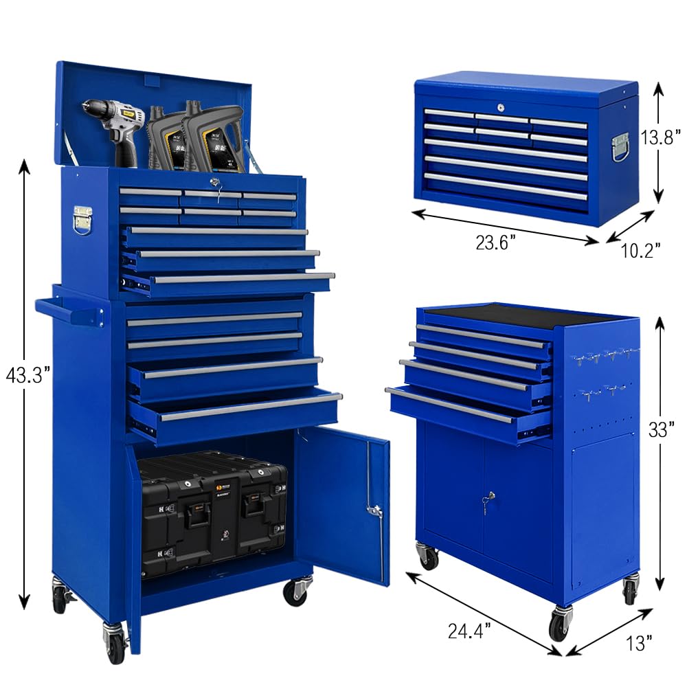 Sonlmik Tool Chest, 13-Drawer Rolling Tool Chest with Double Door Handle, 2 in 1 Detachable Tool Chest, Large Tool Storage with Wheels, Lockable Tool Chest for Garage, Barbershop Sonlmik