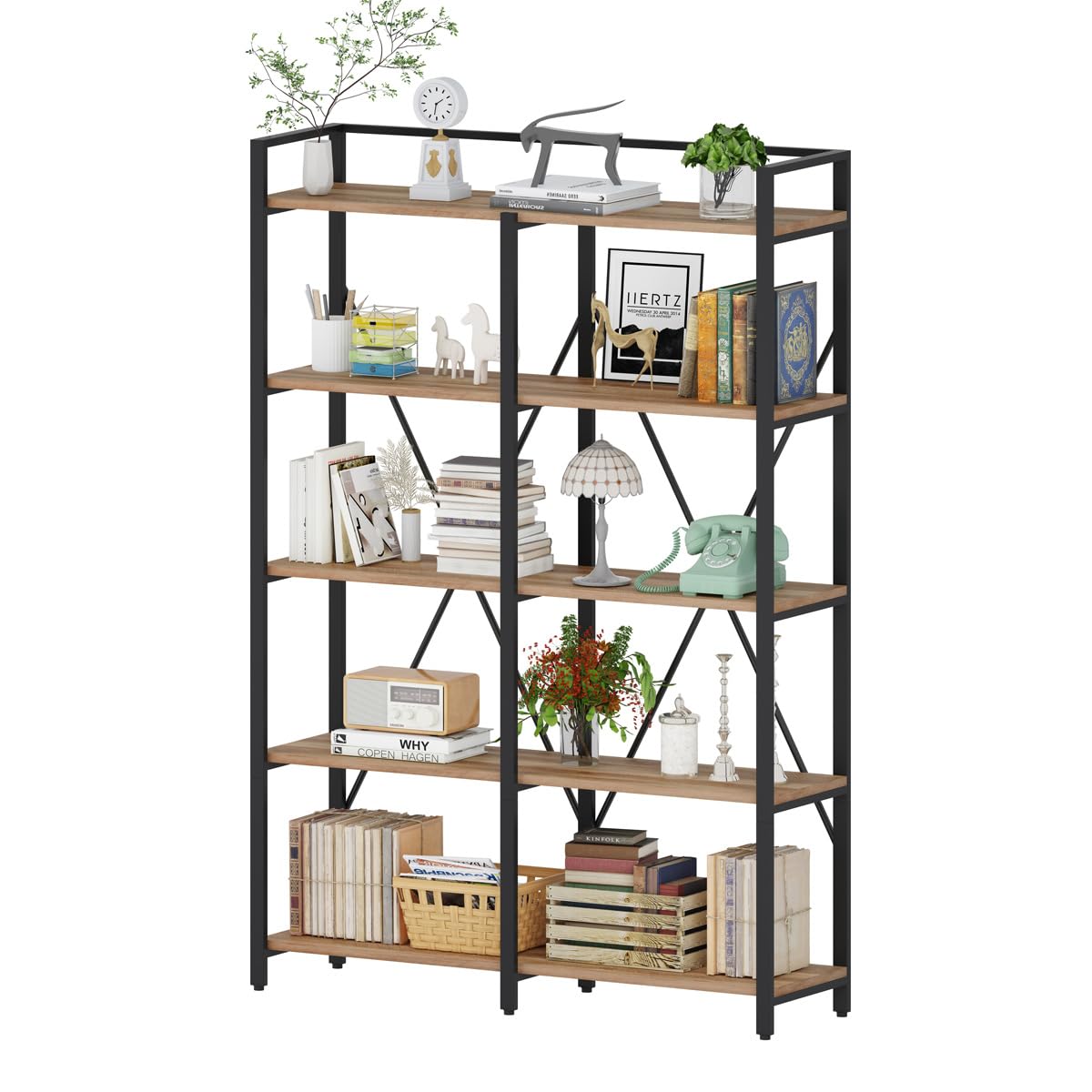 BON AUGURE 5-Tier Vintage Oak Industrial Bookshelf - Heavy Duty Etagere Shelving Unit for Home & Office BON AUGURE