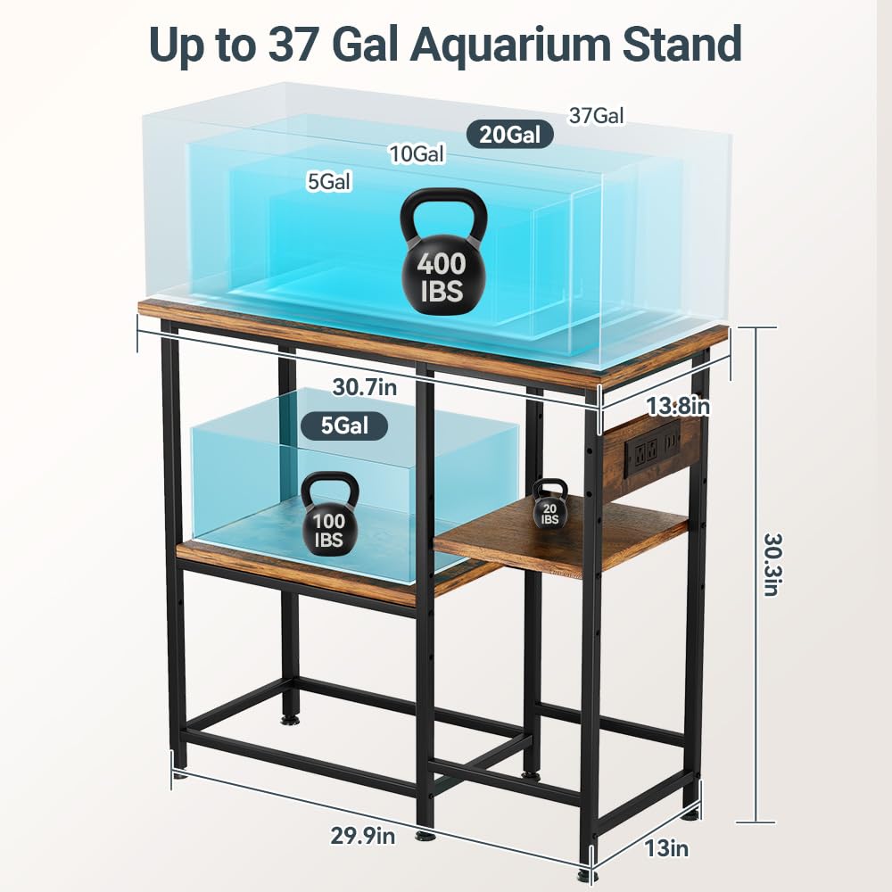 20-29-37 Gallon Fish Tank Stand with Power Outlet, Metal Aquarium Stand with Height-Adjustable Stoarge Shelves, 6-Leg Reptile Tank Stand, 400lbs Capacity PawGiant