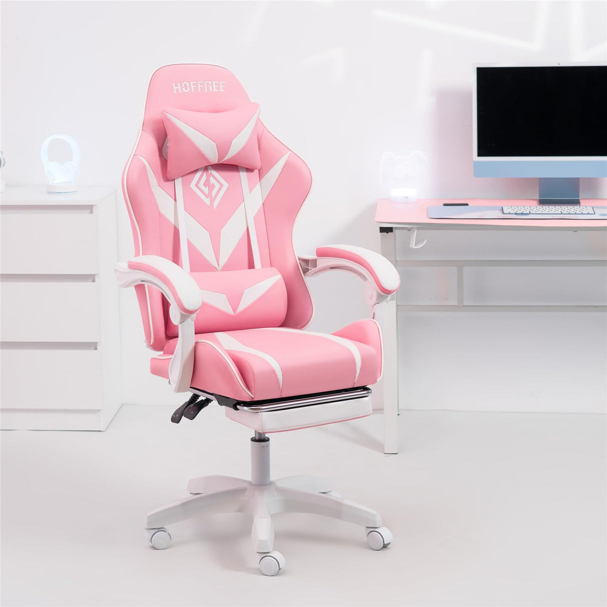 HOFFREE Pink Gaming Chair with Massage for Girls Cute Computer Gamer Chair with Footrest and Lumbar Support Reclining PC Game Chair with Headrest for Gaming Room HOFFREE