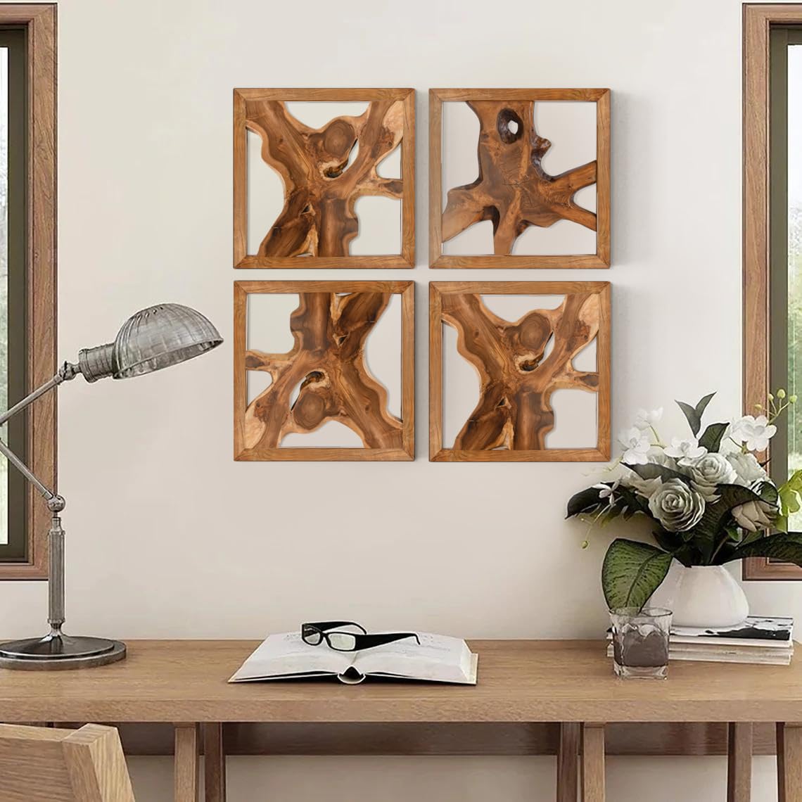 JOLLYMER Live Edge Teak Wood Wall Decor, Rustic Wooden Wall Art, Handcrafted Home Decoration for Living Room Bedroom Office, 17"x17" Natural Frame JOLLYMER