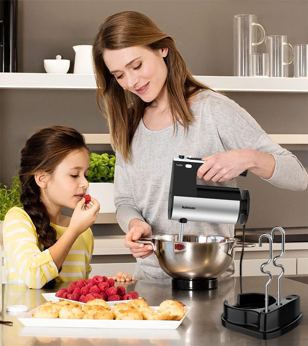 600W Electric Hand Mixer Kitchen Handheld Mixer 10 Speed Powerful with Turbo for Baking Cake Lightweight & Personal Electric Mixer with Egg Baking Beaters Dough Hooks, Whipping Mixing Cookies Naitesen