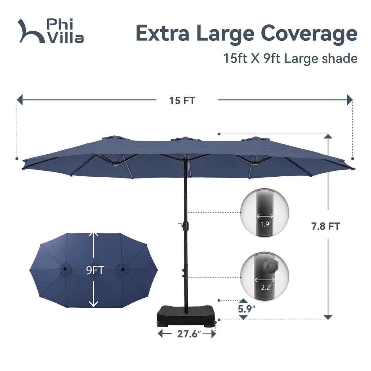 PHI VILLA 15ft Large Patio Umbrellas with Base Included, Outdoor Double-Sided Rectangle Market Umbrella with Crank Handle, for Pool Lawn Garden, Blue PHI VILLA