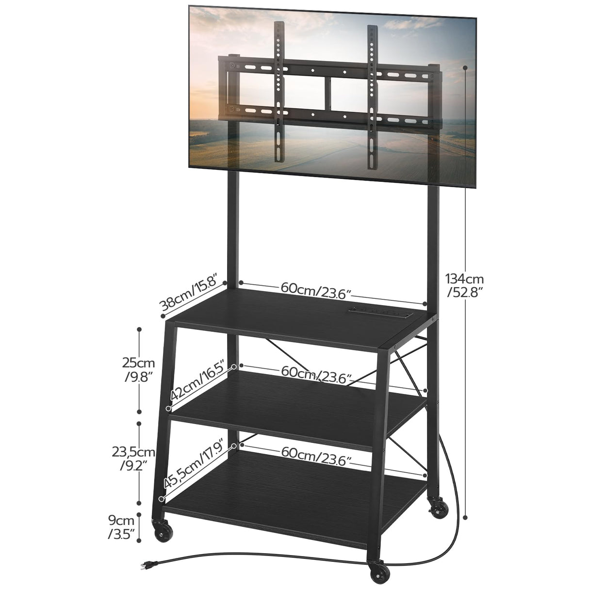 HOOBRO Rolling TV Stand with Mount and Power Outlet Up to 55 inch TVs, Corner Entertainment Center, Small TV Stand with 3-Tier Storage Shelves for Living Room, Bedroom, Black BB66UDS01 HOOBRO