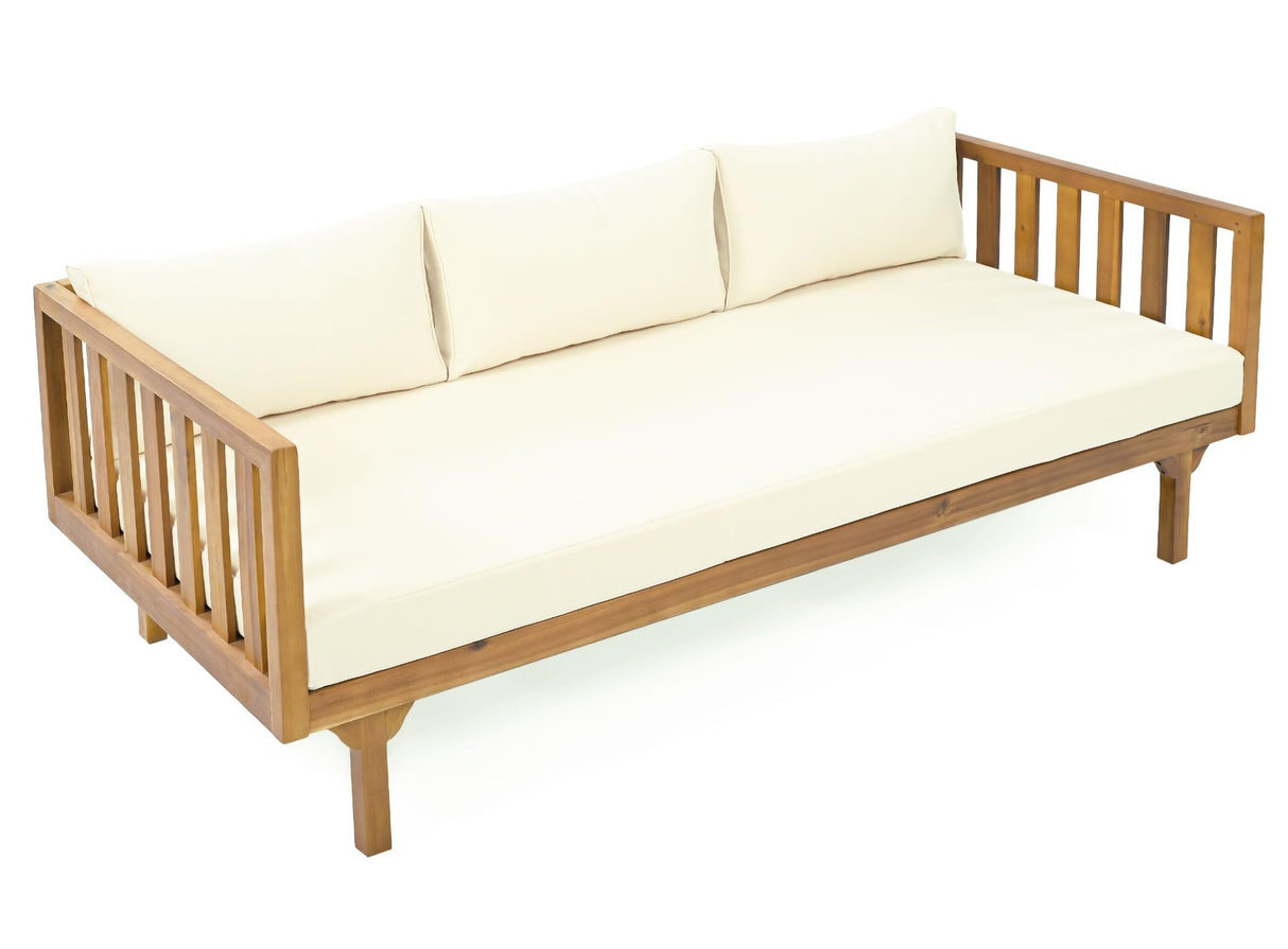 Merax Outdoor 3 Seater Daybed, Acacia Wood Day Bed Couch Sofa with Cushions for Patio Backyard, Garden, Beige Merax