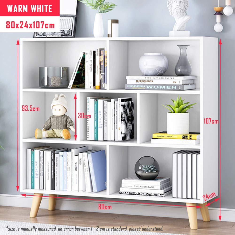 IOTXY Wooden Open Shelf Bookcase - 3-Tier Floorstanding Display Cabinet Rack with Legs, 7 Cubes Free Standing Bookshelf, Warm White IOTXY