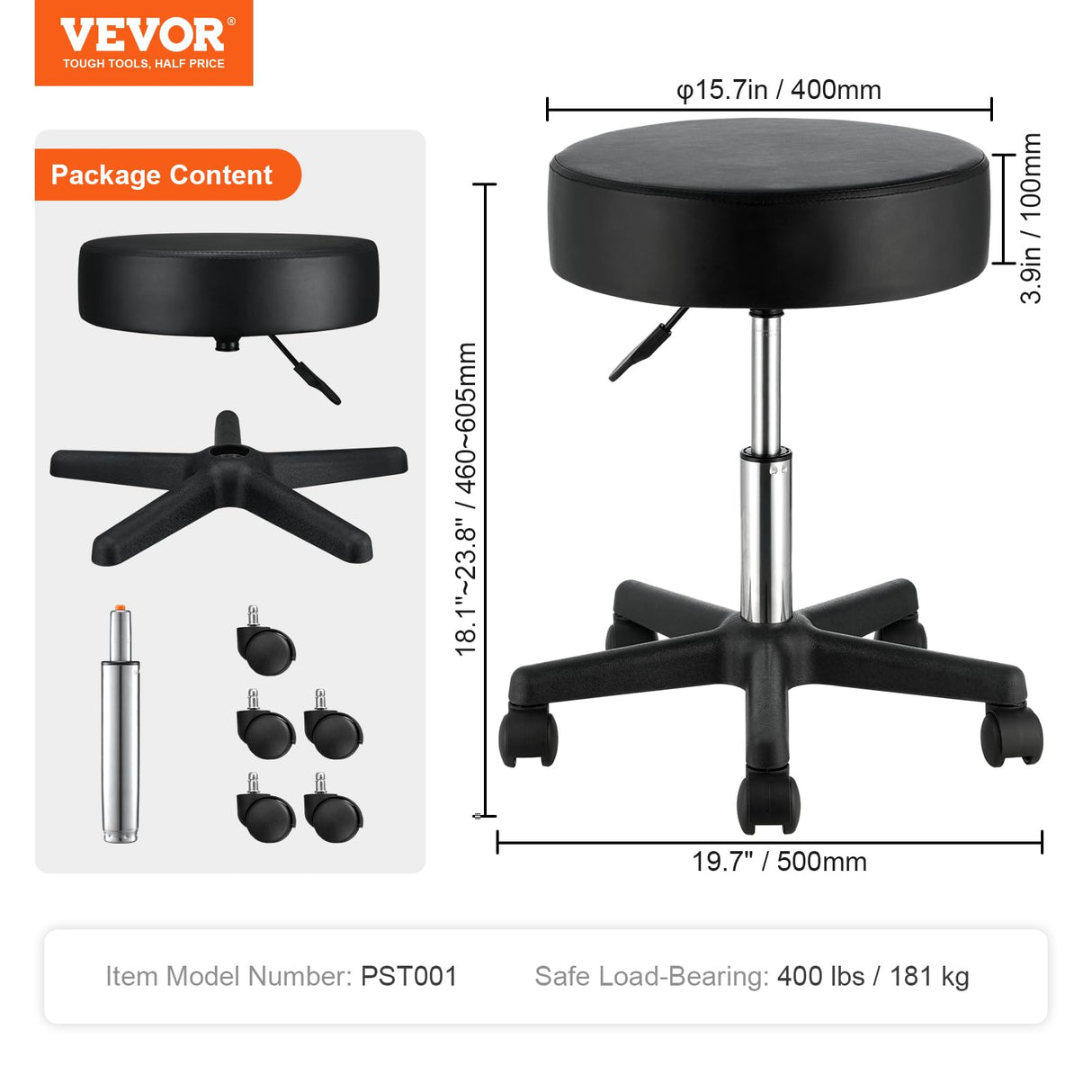 VEVOR Rolling Stools with Wheels, 400 LBS Weight Capacity Adjustable Height Stool with Ultra-Thick Seat Cushion, Swivel Stools Chair for Salon, Bar, Home, Office, Tatoo, Medical, Massage, Black VEVOR