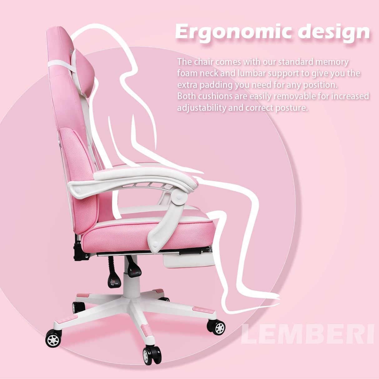 LEMBERI Pink Gaming Chair with footrest, Kawaii Cute Pink Gamer Chair for Girl,Girls Video Game Chairs,Computer Gaming Chair with Headrest and Lumbar Support LEMBERI