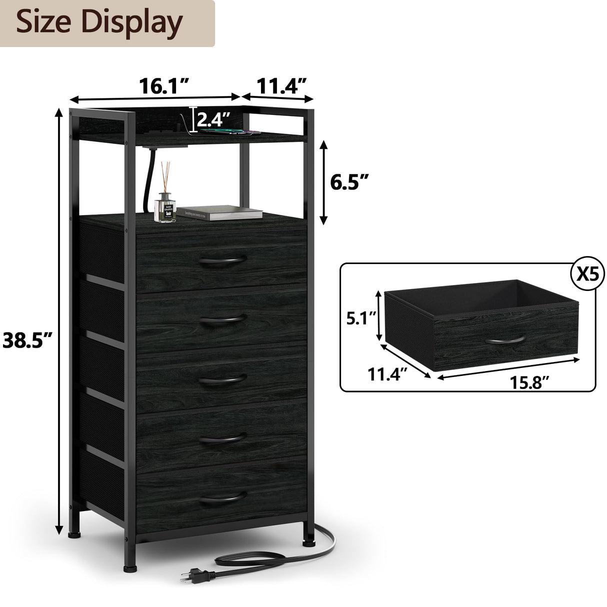 Furnulem 5 Drawer Nightstand with Shelf, Tall Black Dresser for Bedroom with Led Light and Charging Station, Bed Side Table for Living Room, Fabric Storage Bins, Metal Frame, Wood Furniture Furnulem