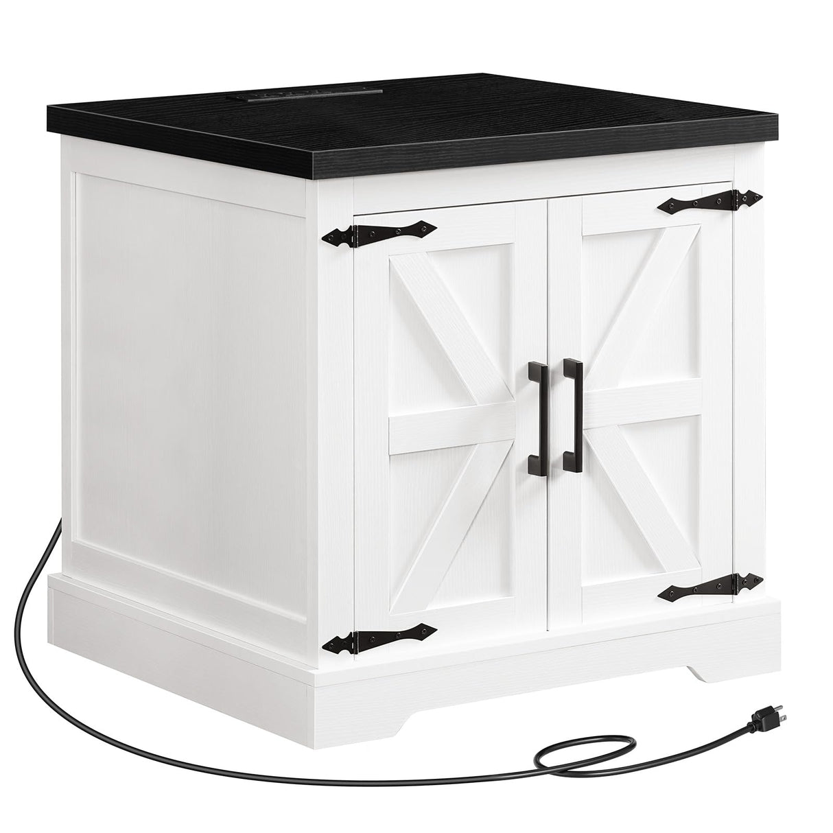 MAHANCRIS Farmhouse Nightstand with Charging Station, 24" Large End Table with Barn Door and Adjustable Storage Shelf, Square White Nightstand, Rustic Bedside Table for Bedroom, Living Room MAHANCRIS