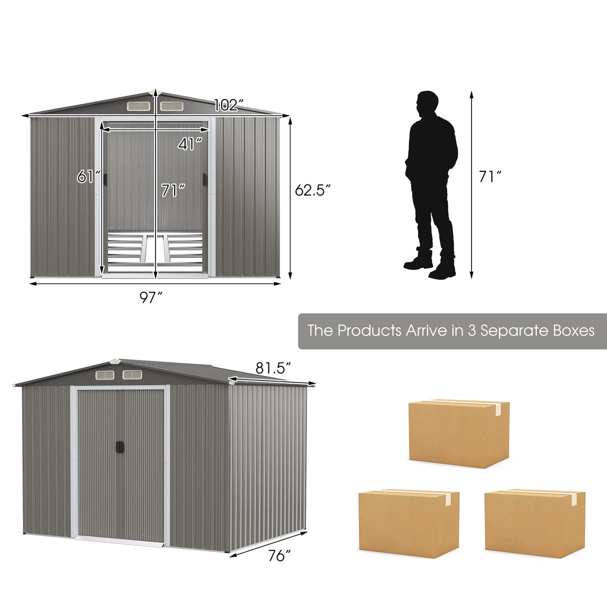 Goplus Outdoor Storage Shed, 8.5’ x 6.8’ x 6’ Weather-Resistant Utility Tool Organizer w/Foundation, 4 Louvers, Double Doors & Ramp, Galvanized Steel Tool Shed for Garden, Lawn, Yard Goplus