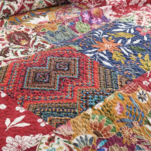 camandy Cotton Bedspread Quilt Bedding Sets 3 Pieces Reversible Coverlet Sets Comforters Gorgeous Paisley Floral Patchwork Red Bedspread, Queen Size camandy