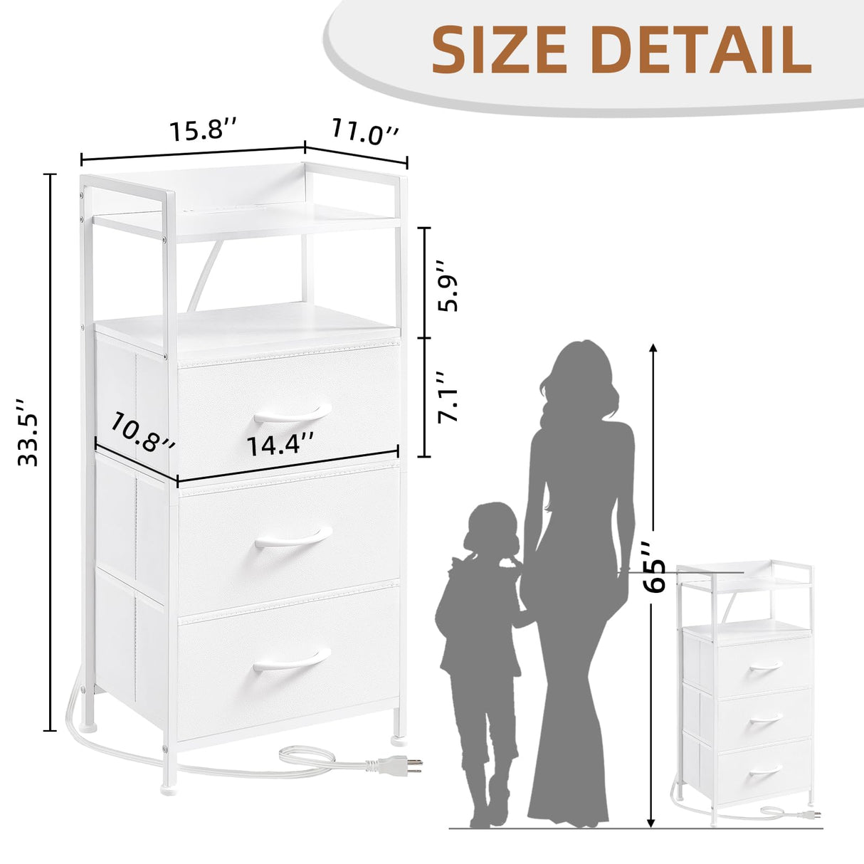 Somdot White Nightstand with Charging Station and LED Light for Bedroom, Tall 3 Drawers Dresser with Fabric Bins for Bedside Kids Dorm Room Closet Laundry Entryway, White Leather Somdot