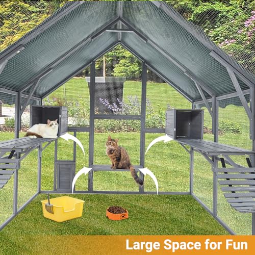 PeakPursui Extra Large Cat Enclosure,110'' Large Catio with Waterproof Roof, Pet Habitat for 57 FT² Space, Outdoor Pet House w/ 7 Platforms,2 Resting Box and 2 Bridges, for Kitty, Rabbit, Poultry Use PeakPursuit