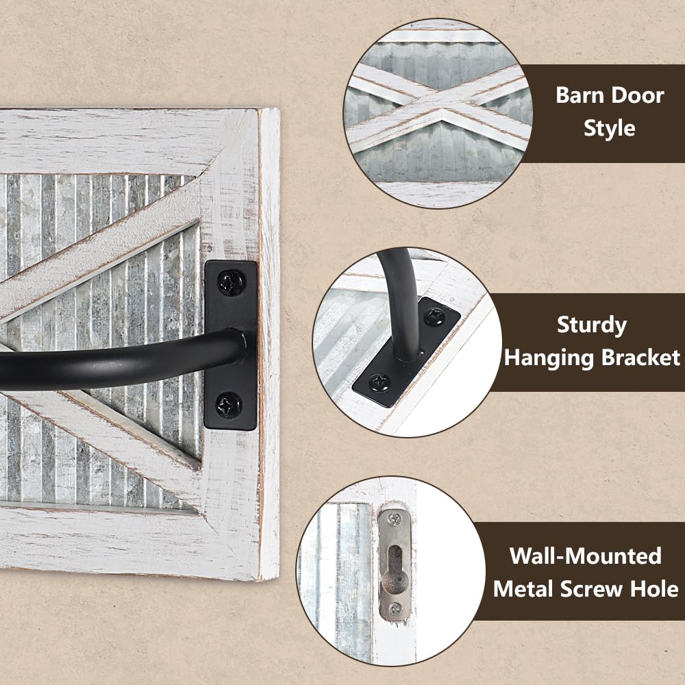 Butizone Bathroom Towel Rack, Rustic Towel Rack Wall Mounted, Small Farmhouse Bath Towel Storage Rack with Weathered Wood and Corrugated Galvanized Metal, for Hanging Towels and Hand towels, White Butizone