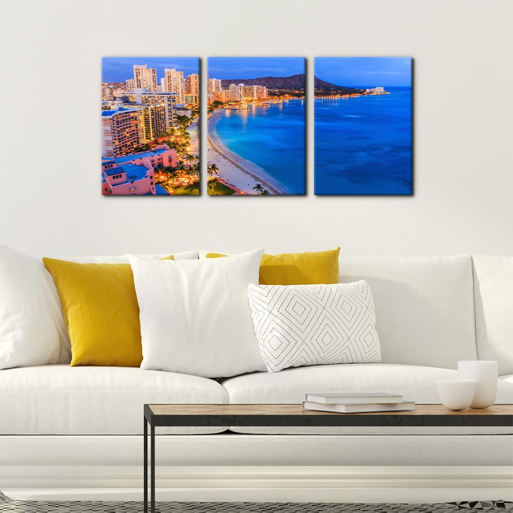 Pacimo Framed Wall Art Decorations Hawaii Cityscape Painting Print on Canvas Honolulu Diamond Head Mountain Skyline Modern Artwork for Home Office Gallery Wrapped Ready to Hang - 12"x16"x3 Panels Pacimo