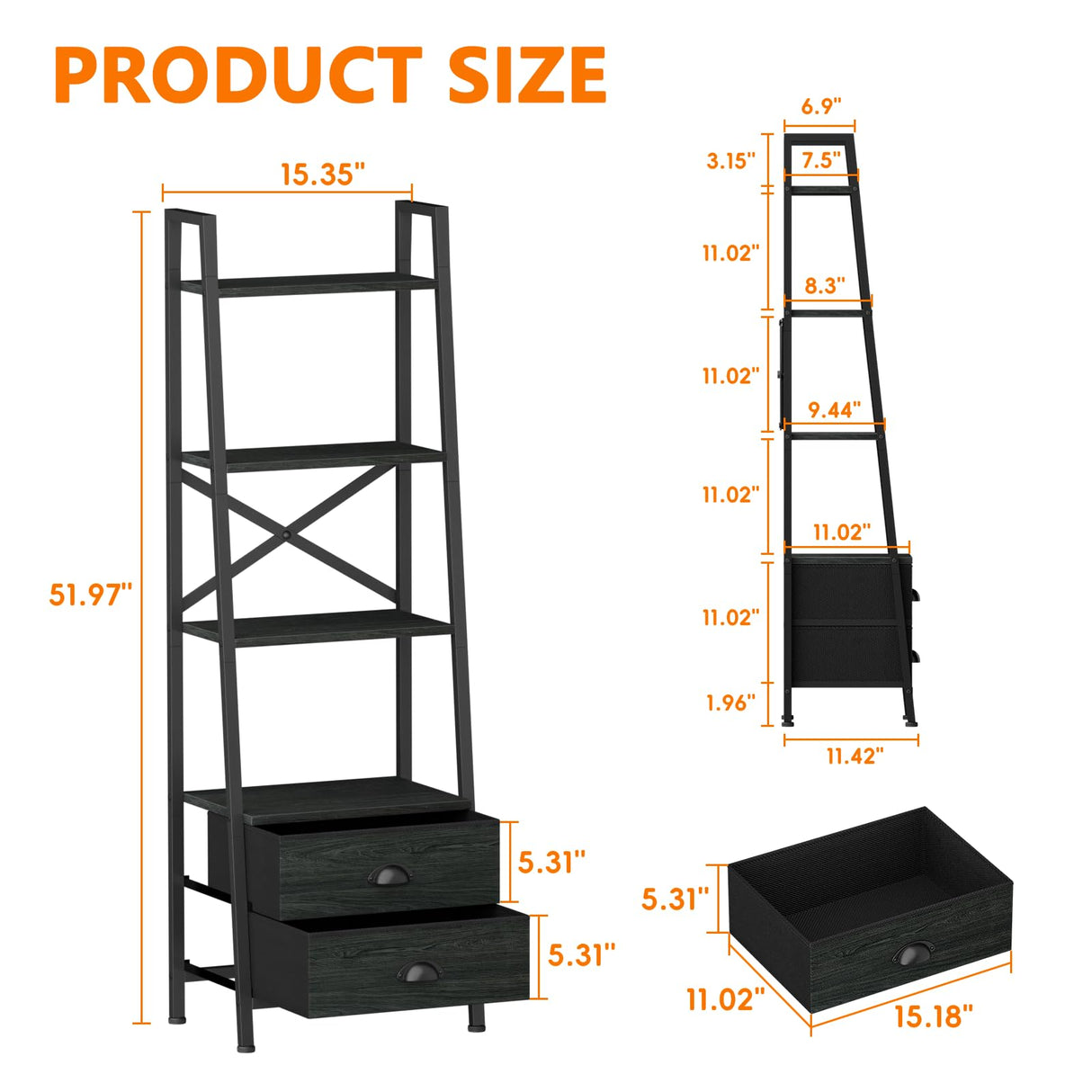 Furologee 4-Tier Ladder Shelf,Small Bookshelf with 2 Drawers,Vertical Bookcase Storage Rack Organizer,Display Bookshelves for Living Room,Bedroom,Bathroom,Home Office,Kitchen,Rustic Brown,Black Oak Furologee