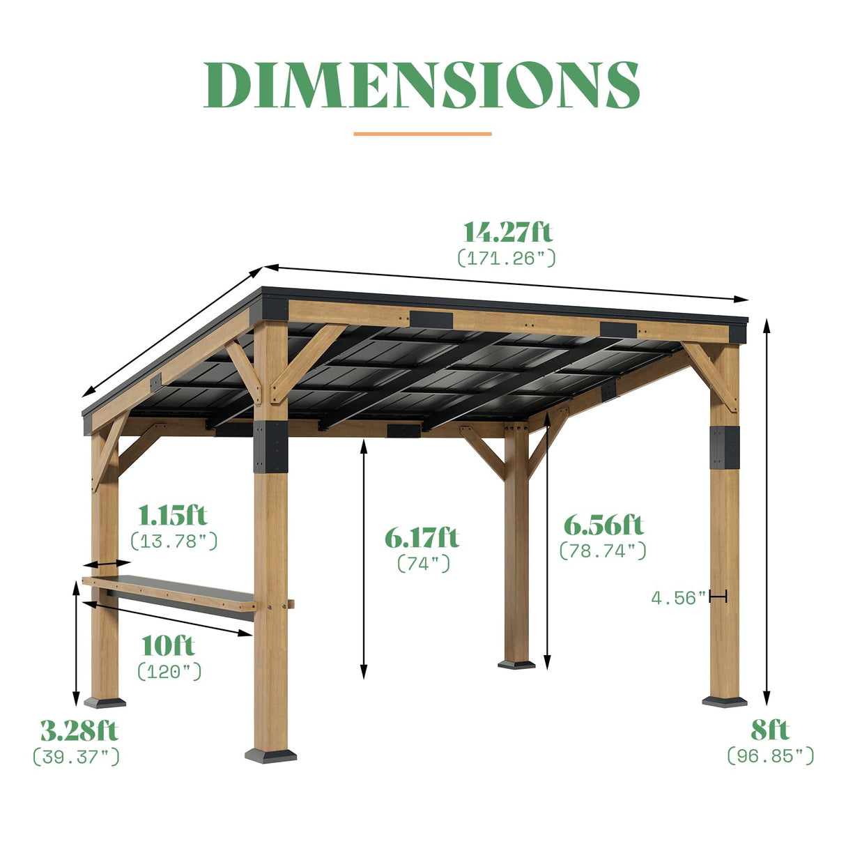 AMERLIFE 10x14 FT Hardtop Wood Grill Gazebo with Permanent Galvanized Steel Lean to Canopy & Built-in Bar Shelf – Outdoor BBQ Gazebo Pergola for Deck, Backyard, Garden AMERLIFE
