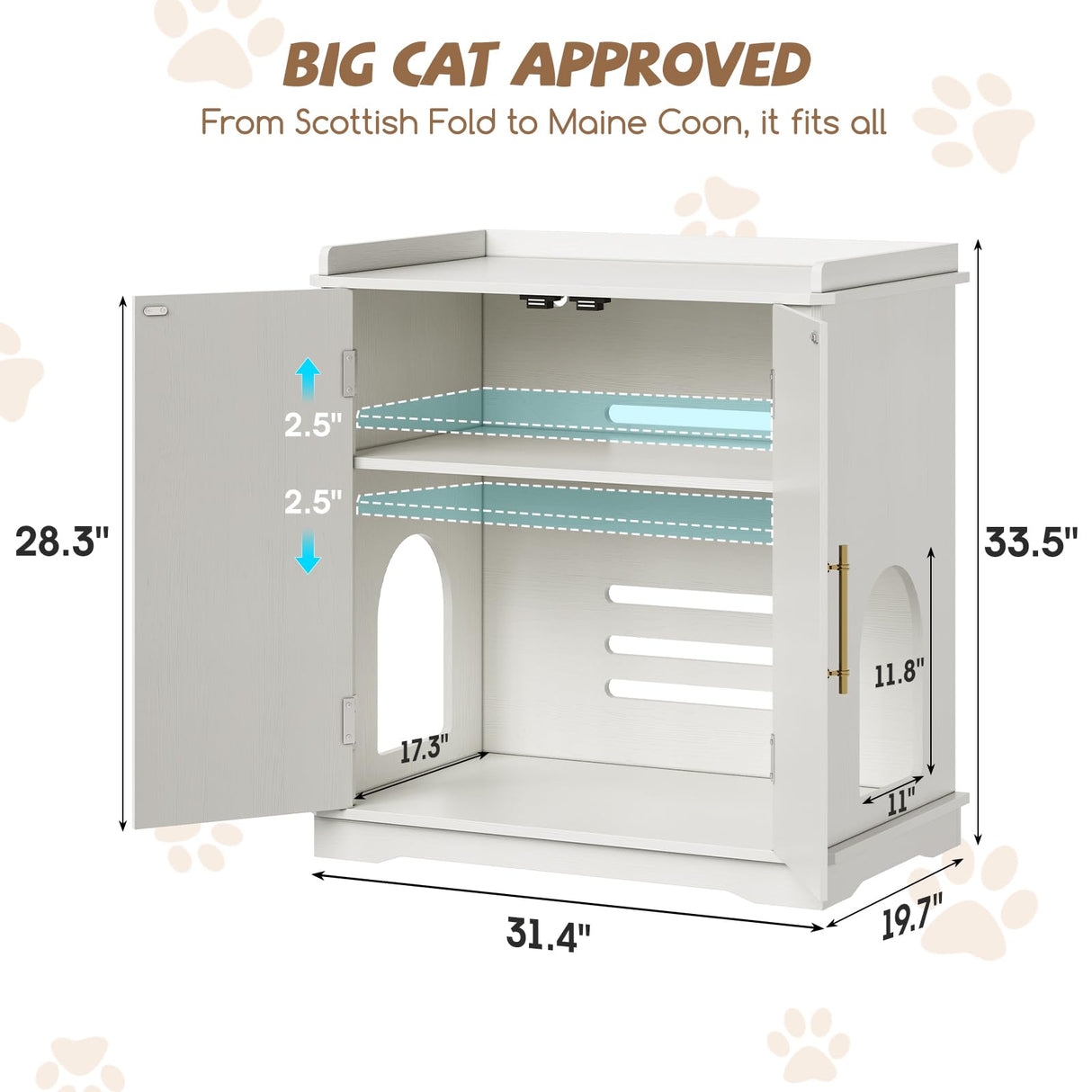 Halitaa Cat Litter Box Enclosure Furniture, Hidden Litter Box Furniture with Removable Dividers, Reversible Entrance Can Be on Left or Right Side, for Hallway, Bedroom, White, 31.4" L Halitaa